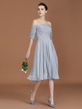 A-Line/Princess Off-the-Shoulder Short Sleeves Lace Tea-Length Chiffon Bridesmaid Dress TPP0005561