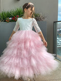 A-Line/Princess Tulle Lace Scoop 3/4 Sleeves Ankle-Length Flower Girl Dresses TPP0007497