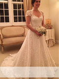 A-Line/Princess Sweetheart Court Train Short Sleeves Lace Wedding Dresses TPP0006164