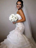 Trumpet/Mermaid Sleeveless Sweetheart Chapel Train Ruffles Applique Lace Organza Wedding Dresses TPP0006468