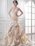 Trumpet/Mermaid Beading Halter Sleeveless Applique Satin Wedding Dresses TPP0006930