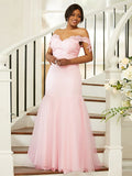 Sheath/Column Stretch Crepe Lace Off-the-Shoulder Sleeveless Floor-Length Bridesmaid Dresses TPP0004970