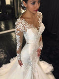 Trumpet/Mermaid V-neck Long Sleeves Lace Court Train Tulle Wedding Dresses TPP0005957