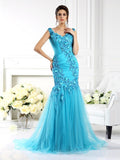 Trumpet/Mermaid Straps Applique Sleeveless Long Silk like Satin Dresses TPP0002575