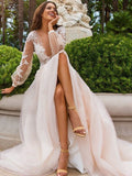 A-Line/Princess Long Sleeves Applique Tulle V-neck Sweep/Brush Train Wedding Dresses TPP0006267