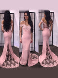 Trumpet/Mermaid Off-the-Shoulder Sleeveless Lace Satin Sweep/Brush Train Dresses TPP0002123