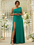 Sheath/Column Jersey Ruffles One-Shoulder Sleeveless Sweep/Brush Train Bridesmaid Dresses TPP0004992