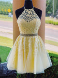 A-Line/Princess Tulle Halter Sleeveless Applique Short/Mini Homecoming Dresses TPP0008717