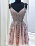 A-Line/Princess Tulle Beading Spaghetti Straps Sleeveless Short/Mini Homecoming Dresses TPP0002943