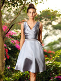 A-Line/Princess V-neck Ruched Sleeveless Short Satin Bridesmaid Dresses TPP0005404