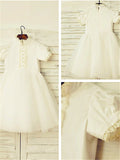 A-line/Princess High Neck Short Sleeves Lace Tea-Length Tulle Flower Girl Dresses TPP0007902