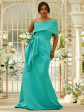 Sheath/Column Satin Ruched One-Shoulder Sleeveless Sweep/Brush Train Bridesmaid Dresses TPP0004923