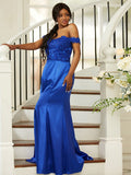 Sheath/Column Silk like Satin Applique Off-the-Shoulder Sleeveless Sweep/Brush Train Bridesmaid Dresses TPP0004990