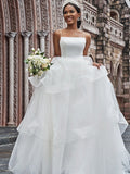 A-Line/Princess Tulle Spaghetti Straps Sleeveless Ruffles Sweep/Brush Train Wedding Dresses TPP0006100