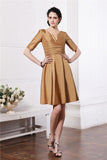 Sheath/Column V-neck Half Sleeves Pleats Taffeta Bridesmaid Dresses TPP0005658