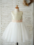 A-Line/Princess Sequin Tulle Scoop Sleeveless Knee-Length Flower Girl Dresses TPP0007586