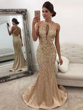 Trumpet/Mermaid Sleeveless Halter Sequin Sweep/Brush Train Satin Dresses TPP0001846