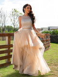 A-Line/Princess Tulle Beading Scoop Sleeveless Floor-Length Two Piece Dresses TPP0001419