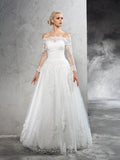 Ball Gown Off-the-Shoulder Lace Long Sleeves Long Net Wedding Dresses TPP0006225