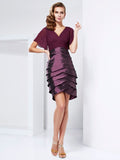 A-Line/Princess V-neck Short Sleeves Ruffles Short Taffeta Mother of the Bride Dresses TPP0007418