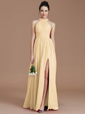 A-Line/Princess Halter Sleeveless Ruched Floor-Length Chiffon Bridesmaid Dresses TPP0005060