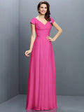 A-Line/Princess V-neck Pleats Short Sleeves Long Chiffon Bridesmaid Dresses TPP0005256