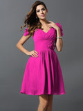 A-Line/Princess V-neck Hand-Made Flower Short Sleeves Short Chiffon Bridesmaid Dresses TPP0005481