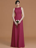 A-Line/Princess Jewel Sleeveless Floor-Length Ruched Chiffon Bridesmaid Dresses TPP0005645