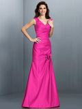 A-Line/Princess V-neck Pleats Sleeveless Long Satin Bridesmaid Dresses TPP0005497