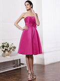 A-Line/Princess Strapless Sleeveless Pleats Hand-Made Flower Short Elastic Woven Satin Bridesmaid Dresses TPP0005843