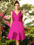 A-Line/Princess V-neck Ruched Sleeveless Short Satin Bridesmaid Dresses TPP0005404