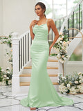 Sheath/Column Charmeuse Ruched Square Sleeveless Sweep/Brush Train Bridesmaid Dresses TPP0004912