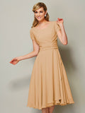 Sheath/Column Bateau Short Sleeves Ruffles Short Chiffon Bridesmaid Dresses TPP0005029