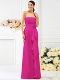 Sheath/Column Strapless Hand-Made Flower Sleeveless Long Chiffon Bridesmaid Dresses TPP0005538