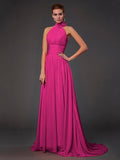 A-Line/Princess Halter Sleeveless Hand-Made Flower Long Chiffon Bridesmaid Dresses TPP0004909