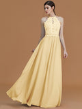 A-Line/Princess Halter Sleeveless Floor-Length Lace Chiffon Bridesmaid Dresses TPP0005137