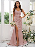 Sheath/Column Stretch Crepe Ruched V-neck Sleeveless Sweep/Brush Train Bridesmaid Dresses TPP0004893