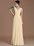 A-Line/Princess V-neck Sleeveless Ruched Floor-Length Chiffon Bridesmaid Dresses TPP0005037