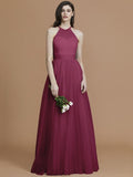 A-Line/Princess Halter Sleeveless Floor-Length Ruffles Tulle Bridesmaid Dresses TPP0005376