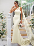 Sheath/Column Stretch Crepe Ruched One-Shoulder Sleeveless Sweep/Brush Train Bridesmaid Dresses TPP0004913