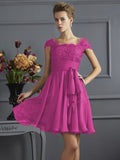 A-Line/Princess Scoop Short Sleeves Lace Short Chiffon Bridesmaid Dresses TPP0005086