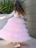 A-Line/Princess Tulle Lace Scoop 3/4 Sleeves Ankle-Length Flower Girl Dresses TPP0007497