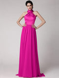 Sheath/Column Halter Sleeveless Pleats Long Elastic Woven Satin Chiffon Bridesmaid Dresses TPP0005653