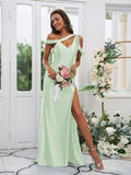 Sheath/Column Charmeuse Ruched Off-the-Shoulder Sleeveless Sweep/Brush Train Bridesmaid Dresses TPP0004898