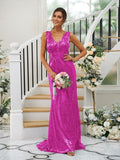 Sheath/Column Sequins Ruched V-neck Sleeveless Sweep/Brush Train Bridesmaid Dresses TPP0004958