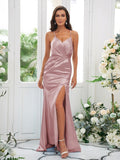 Sheath/Column Elastic Woven Satin Ruched Spaghetti Straps Sleeveless Sweep/Brush Train Bridesmaid Dresses TPP0004935