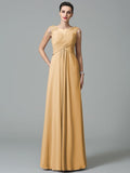 A-Line/Princess Scoop Ruched Sleeveless Long Chiffon Bridesmaid Dresses TPP0005442