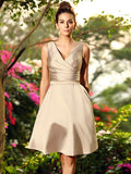 A-Line/Princess V-neck Ruched Sleeveless Short Satin Bridesmaid Dresses TPP0005404