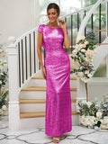 Sheath/Column Sequins Ruched Scoop Short Sleeves Floor-Length Bridesmaid Dresses TPP0004938