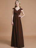 A-Line/Princess V-neck Sleeveless Ruched Floor-Length Chiffon Bridesmaid Dresses TPP0005567